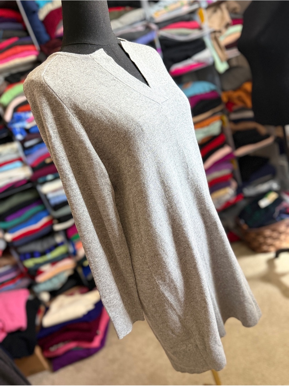 Relaxed V-Neck Cashmere Tunic Sweater Dress Light Gray